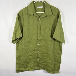 MARTIN GORDON Short Sleeve Button Up 100% Linen Shirt Mens Size XL Green